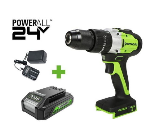 Дрель-шуруповерт ударная GreenWorks GD24DD60, 24V, б/щет, 0-450/0-1700 об/мин, 30/60Нм, 1x2Ач, ЗУ, кор 3704107VUA