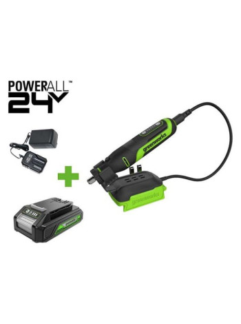 Гравер GreenWorks G24RT, 24V, б/щет, цанги 2.4/3.2мм, 6500–35000 об/мин, оснастка 52 шт, 1x2Ач,ЗУ, сумка, коробка 3200807VUA