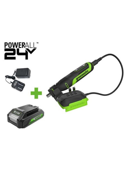 Гравер GreenWorks G24RT, 24V, б/щет, цанги 2.4/3.2мм, 6500–35000 об/мин, оснастка 52 шт, 1x2Ач,ЗУ, сумка, коробка 3200807VUA