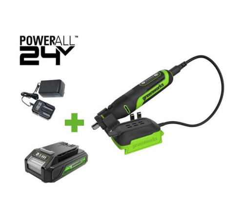 Гравер GreenWorks G24RT, 24V, б/щет, цанги 2.4/3.2мм, 6500–35000 об/мин, оснастка 52 шт, 1x2Ач,ЗУ, сумка, коробка 3200807VUA