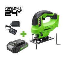 Лобзик GreenWorks GD24JS90, 24V, б/щет, 90мм, 0-3000/мин, 4 ст.маятник, LED, 1x2Ач, ЗУ, коробка 3601707VUA