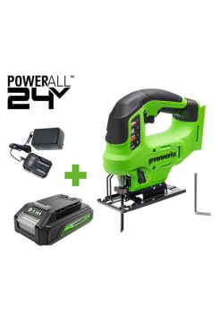 Лобзик GreenWorks GD24JS90, 24V, б/щет, 90мм, 0-3000/мин, 4 ст.маятник, LED, 1x2Ач, ЗУ, коробка 3601707VUA