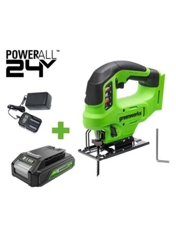 Лобзик GreenWorks GD24JS90, 24V, б/щет, 90мм, 0-3000/мин, 4 ст.маятник, LED, 1x2Ач, ЗУ, коробка 3601707VUA