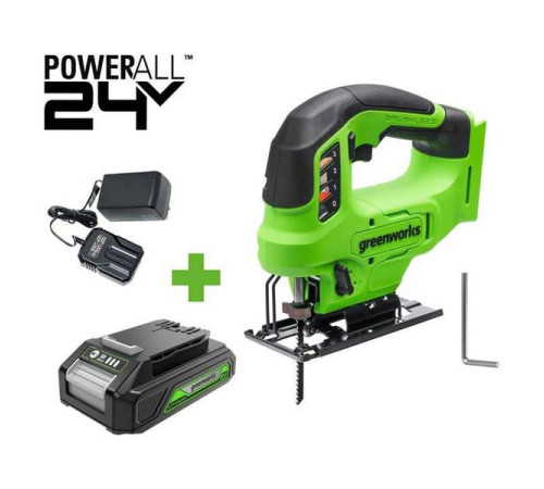 Лобзик GreenWorks GD24JS90, 24V, б/щет, 90мм, 0-3000/мин, 4 ст.маятник, LED, 1x2Ач, ЗУ, коробка 3601707VUA