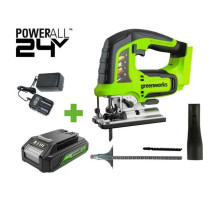 Лобзик GreenWorks GD24JS, 24V, б/щет, 100мм, 800-3000/мин, 4-ст.маятник, алюмниевая подошва, LED, 1x2Ач, ЗУ, коробка 3601407VUA
