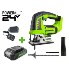 Лобзик GreenWorks GD24JS, 24V, б/щет, 100мм, 800-3000/мин, 4-ст.маятник, алюмниевая подошва, LED, 1x2Ач, ЗУ, коробка 3601407VUA