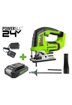 Лобзик GreenWorks GD24JS, 24V, б/щет, 100мм, 800-3000/мин, 4-ст.маятник, алюмниевая подошва, LED, 1x2Ач, ЗУ, коробка 3601407VUA