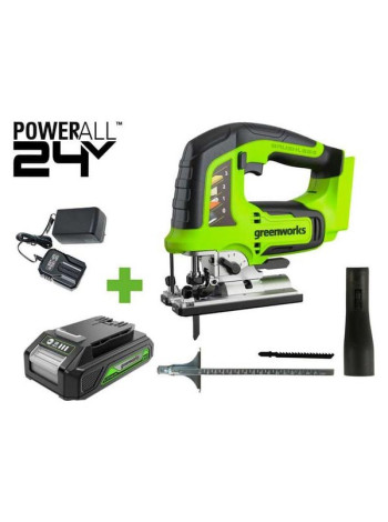 Лобзик GreenWorks GD24JS, 24V, б/щет, 100мм, 800-3000/мин, 4-ст.маятник, алюмниевая подошва, LED, 1x2Ач, ЗУ, коробка 3601407VUA