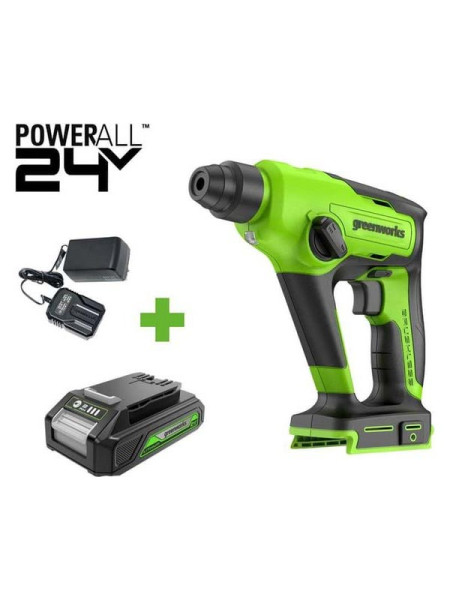 Перфоратор GreenWorks GD24SDS1, 24V, б/щет, 1.2 Дж, 4800уд/мин, 12 мм в бетоне, 1x2Ач, ЗУ, коробка 3803107VUA