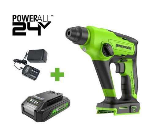 Перфоратор GreenWorks GD24SDS1, 24V, б/щет, 1.2 Дж, 4800уд/мин, 12 мм в бетоне, 1x2Ач, ЗУ, коробка 3803107VUA