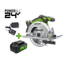 Дисковая пила GreenWorks GD24CS165, 24V, б/щет, диск 165х20мм, 4800об/мин, рез 57мм, 1x4Ач, ЗУ, коробка 1501607VUB