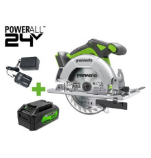 Дисковая пила GreenWorks GD24CS165, 24V, б/щет, диск 165х20мм, 4800об/мин, рез 57мм, 1x4Ач, ЗУ, коробка 1501607VUB