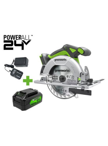 Дисковая пила GreenWorks GD24CS165, 24V, б/щет, диск 165х20мм, 4800об/мин, рез 57мм, 1x4Ач, ЗУ, коробка 1501607VUB