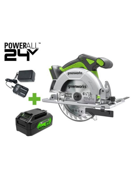 Дисковая пила GreenWorks GD24CS165, 24V, б/щет, диск 165х20мм, 4800об/мин, рез 57мм, 1x4Ач, ЗУ, коробка 1501607VUB