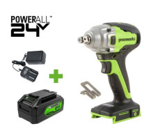 Гайковерт ударный GreenWorks GD24IW400, 24V, б/щет, 0-2800об/мин, 4000уд/мин, 1/2'', 400Нм, 1x4Ач, ЗУ, коробка 3802907VUB