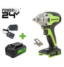 Гайковерт ударный GreenWorks GD24IW400, 24V, б/щет, 0-2800об/мин, 4000уд/мин, 1/2'', 400Нм, 1x4Ач, ЗУ, коробка 3802907VUB