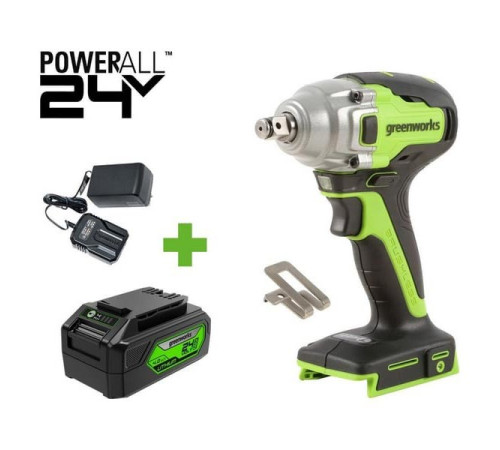 Гайковерт ударный GreenWorks GD24IW400, 24V, б/щет, 0-2800об/мин, 4000уд/мин, 1/2'', 400Нм, 1x4Ач, ЗУ, коробка 3802907VUB