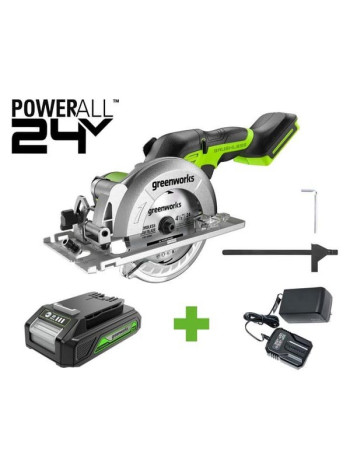 Дисковая мини пила GreenWorks G24MCS, 24V, б/щет, диск 120x9.5мм, 6500об/мин, рез 39мм, 1x2Ач, ЗУ, коробка 1501207VUA