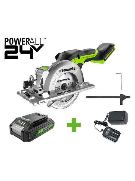 Дисковая мини пила GreenWorks G24MCS, 24V, б/щет, диск 120x9.5мм, 6500об/мин, рез 39мм, 1x2Ач, ЗУ, коробка 1501207VUA