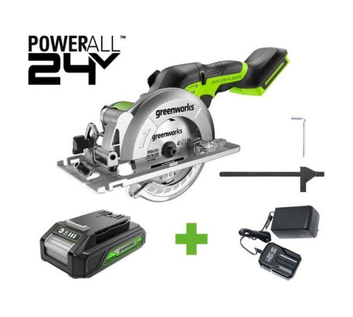 Дисковая мини пила GreenWorks G24MCS, 24V, б/щет, диск 120x9.5мм, 6500об/мин, рез 39мм, 1x2Ач, ЗУ, коробка 1501207VUA