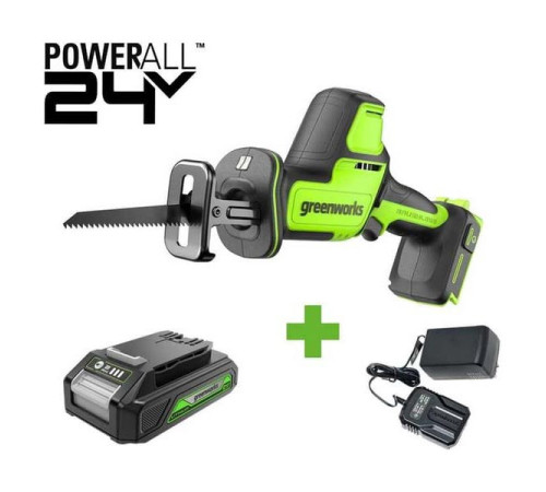 Пила сабельная GreenWorks GPT-CRS-25, 24V, б/щет, 0-3000/мин, рез 80мм по дереву, LED, 1x2Ач, ЗУ, коробка 1200507VUA