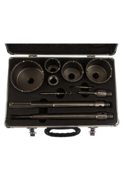 Набор коронок с оснасткой по бетону Зубр Профессионал 33, 50, 68, 82, 100 мм, кейс, 10 предметов 29185-H10