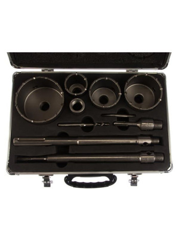 Набор коронок с оснасткой по бетону Зубр Профессионал 33, 50, 68, 82, 100 мм, кейс, 10 предметов 29185-H10