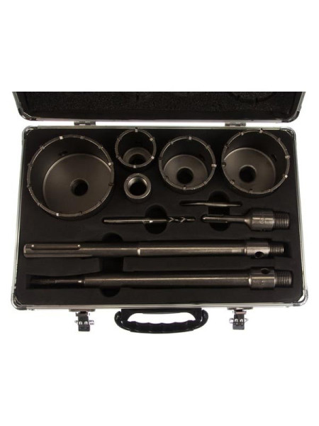 Набор коронок с оснасткой по бетону Зубр Профессионал 33, 50, 68, 82, 100 мм, кейс, 10 предметов 29185-H10