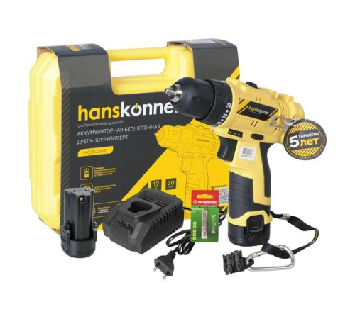 Аккумуляторная дрель Hanskonner б/щ, 12В, 2 акк. 2,0 Ач, 30Нм, кейс HCD1230R