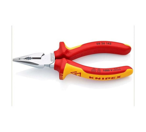 Комбинированные остроконечные плоскогубцы KNIPEX с удлинёнными губками VDE, 145 мм, хром, 2-комп ручки, SB KN-0826145SB