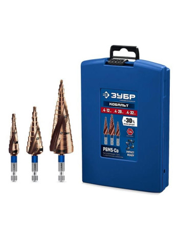 Набор ступенчатых сверл Зубр Профессионал Кобальт 3 шт, 4-32 мм 29674-4-32-H3