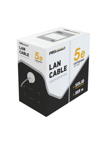 Кабель PROconnect витая пара U/UTP, CAT 5e, PVC, 4PR, 24AWG, INDOOR, SOLID, серый, 305 м 01-0052