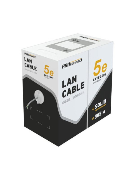 Кабель PROconnect витая пара U/UTP, CAT 5e, PVC, 4PR, 24AWG, INDOOR, SOLID, серый, 305 м 01-0052