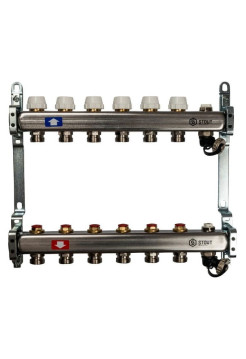 Коллектор из нержавеющей стали без расходомеров, с клапаном выпуска воздуха и сливом STOUT 6 выходов SMS-0932-000006