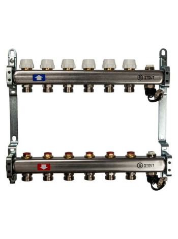 Коллектор из нержавеющей стали без расходомеров, с клапаном выпуска воздуха и сливом STOUT 6 выходов SMS-0932-000006