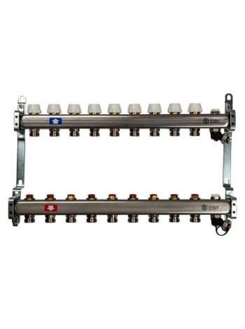 Коллектор из нержавеющей стали без расходомеров, с клапаном выпуска воздуха и сливом STOUT 9 выходов SMS-0932-000009