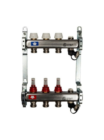 Коллектор из нержавеющей стали с расходомерами, с клапаном вып. воздуха и сливом 3 вых. STOUT SMS-0927-000003