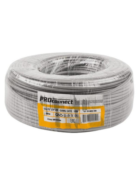 Кабель PROconnect UTP 4PR 24AWG, CU , CAT5E, 100 МГц, PVC, серый, бухта 100 м 01-0052-100