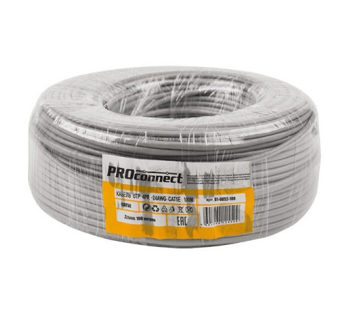 Кабель PROconnect UTP 4PR 24AWG, CU , CAT5E, 100 МГц, PVC, серый, бухта 100 м 01-0052-100