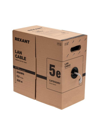Кабель REXANT витая пара, UTP 1PR 24AWG, CAT5e, бухта 305м, серый 01-0002