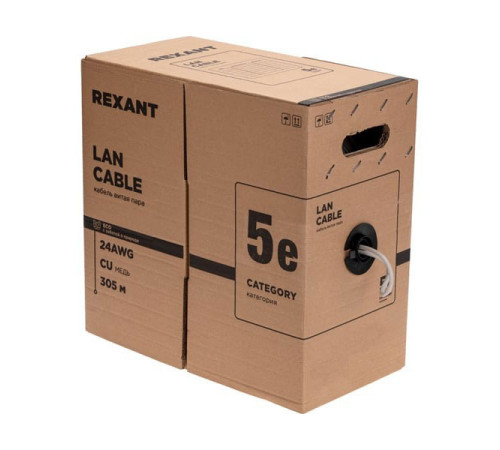 Кабель F/UTP REXANT CAT 5е, PVC, 25x2x0,48мм, внутренний, серый, (305 м/уп.), РФ 01-1201-R