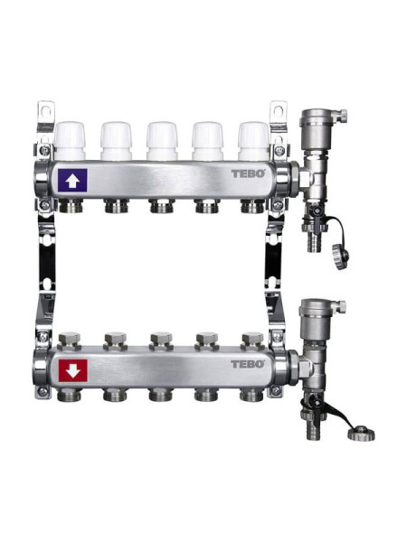 Коллекторная группа для отопления в сборе TEBO из нержавеющей стали, 1"х3/4", 2 выхода T-КГ.200.1.2.34.CN