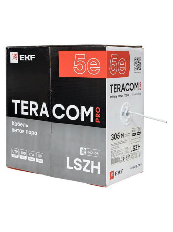 Кабель витая пара EKF TERACOM pro cat.5e u/utp 4 пары solid 24awg оболочка lszh нг(а)-hf, цвет серый, упаковка 305м TRP-5EUTP-04LSH-GY-IN3